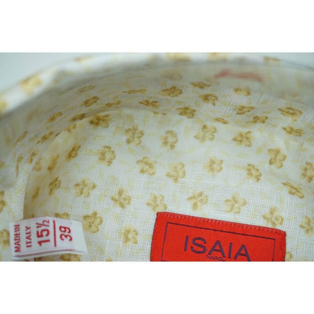 Isaia Napoli White Yellow Floral Long Sleeve Linen Dress Shirt 15.5/39 NEW - Picture 5 of 6